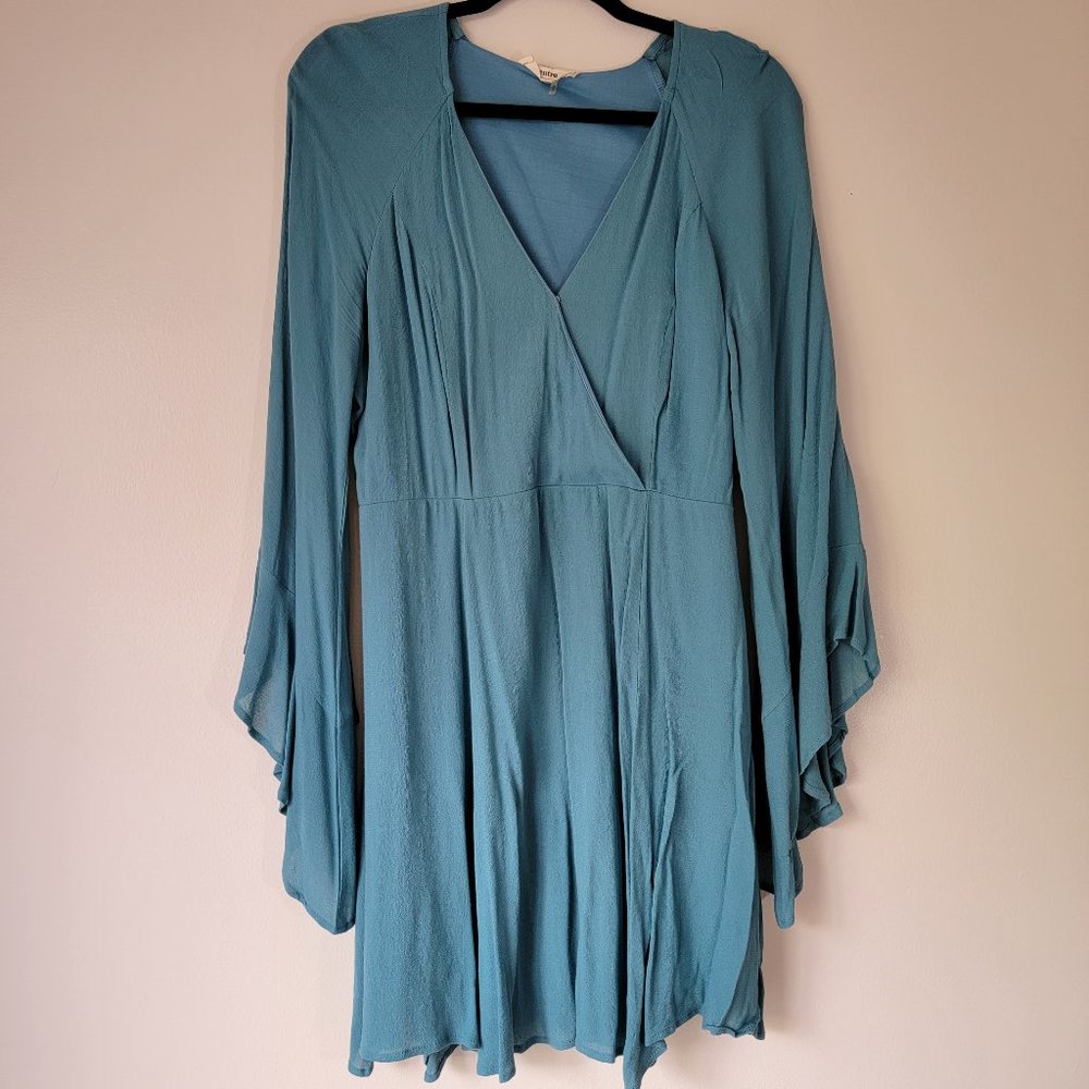 Entro, Teal V Neck Mini Dress with Bell Sleeve, Size L